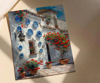 Seville Wall Art, Spanish Patio Print, Andalusian Decor, Impasto Oil Painting, Red Geraniums, Blue Plates Poster