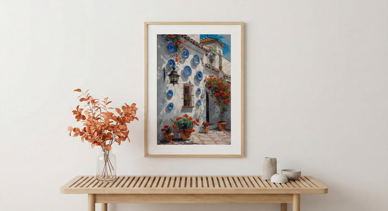Seville Wall Art, Spanish Patio Print, Andalusian Decor, Impasto Oil Painting, Red Geraniums, Blue Plates Poster