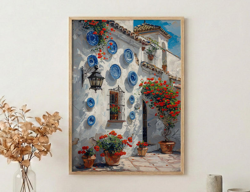 Seville Wall Art, Spanish Patio Print, Andalusian Decor, Impasto Oil Painting, Red Geraniums, Blue Plates Poster