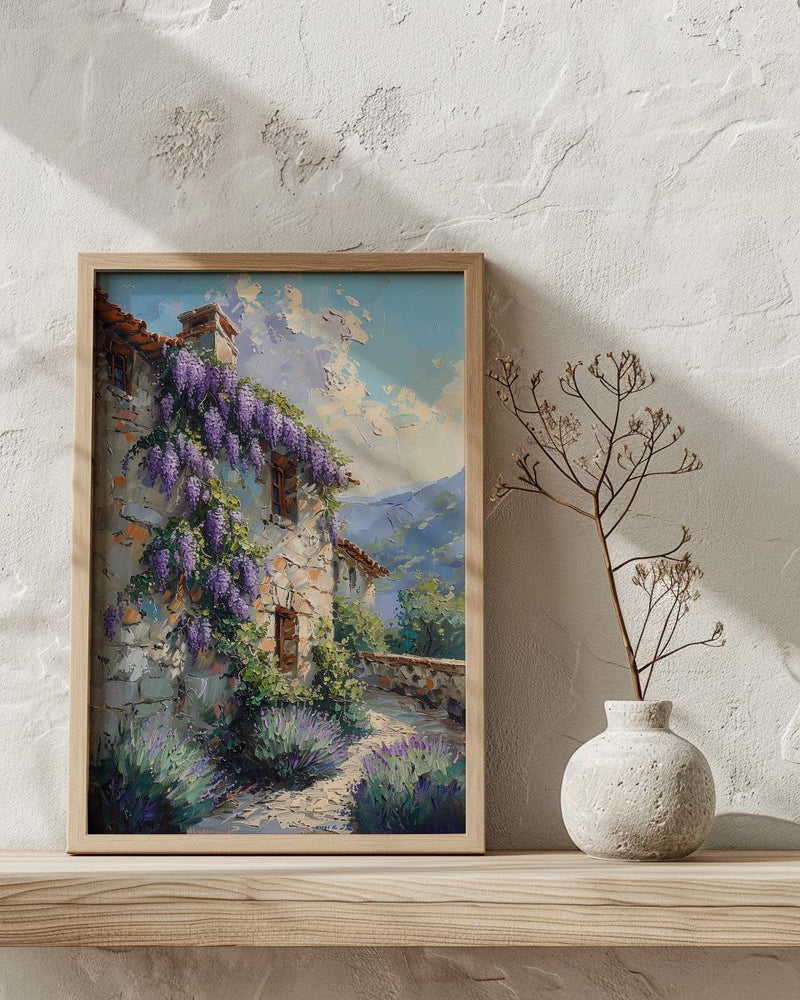 Provence Wall Art, French Country Print, Wisteria Flower, Impasto Oil Painting, Stone Wall, Lavender, Romantic Gift
