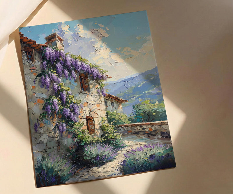 Provence Wall Art, French Country Print, Wisteria Flower, Impasto Oil Painting, Stone Wall, Lavender, Romantic Gift
