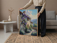 Provence Wall Art, French Country Print, Wisteria Flower, Impasto Oil Painting, Stone Wall, Lavender, Romantic Gift