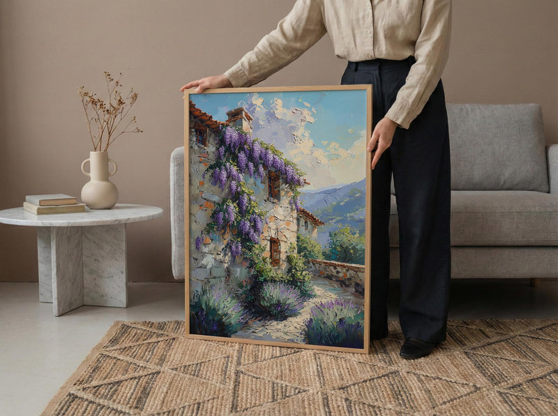 Provence Wall Art, French Country Print, Wisteria Flower, Impasto Oil Painting, Stone Wall, Lavender, Romantic Gift