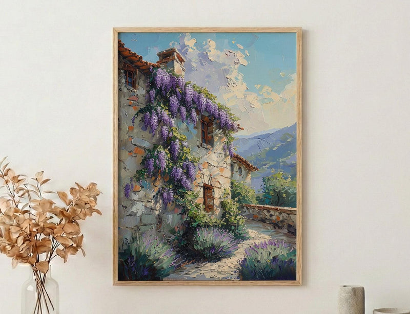 Provence Wall Art, French Country Print, Wisteria Flower, Impasto Oil Painting, Stone Wall, Lavender, Romantic Gift