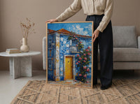 Portugal Wall Art, Azulejo Tile Print, Lisbon Decor, Impasto Oil Painting, Blue and White, Pink Rose, Travel Poster