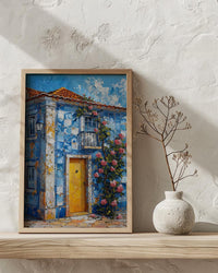 Portugal Wall Art, Azulejo Tile Print, Lisbon Decor, Impasto Oil Painting, Blue and White, Pink Rose, Travel Poster