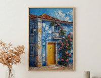 Portugal Wall Art, Azulejo Tile Print, Lisbon Decor, Impasto Oil Painting, Blue and White, Pink Rose, Travel Poster