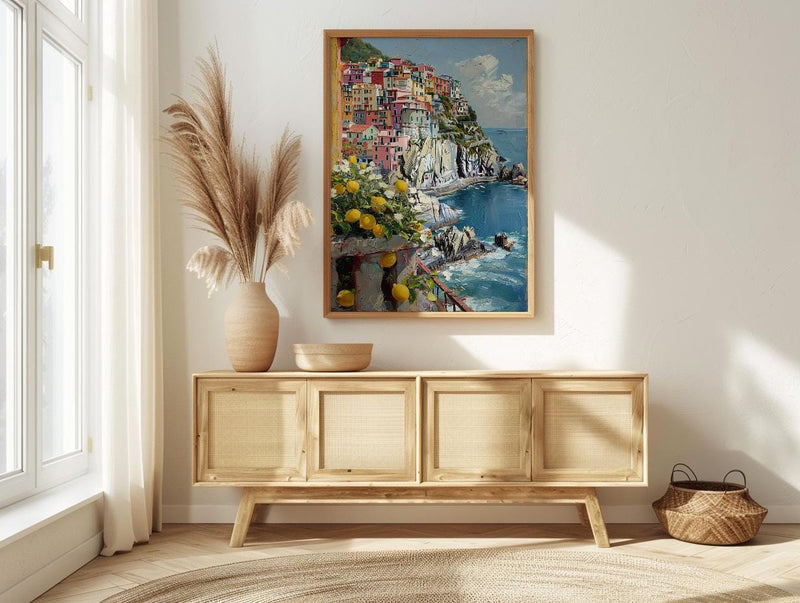Cinque Terre Art, Italian Riviera Print, Colorful Houses, Impasto Oil Painting, Lemon Decor, Summer Vibe, Coastal