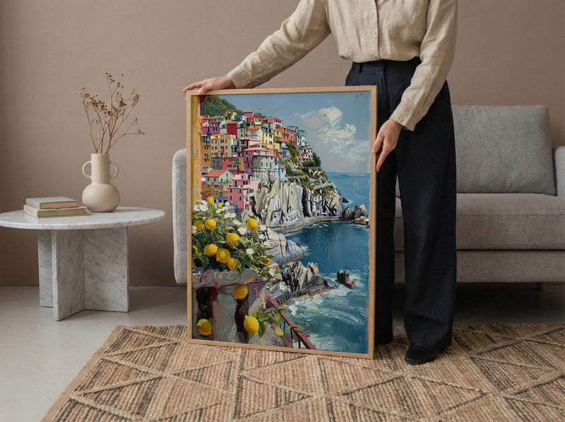 Cinque Terre Art, Italian Riviera Print, Colorful Houses, Impasto Oil Painting, Lemon Decor, Summer Vibe, Coastal
