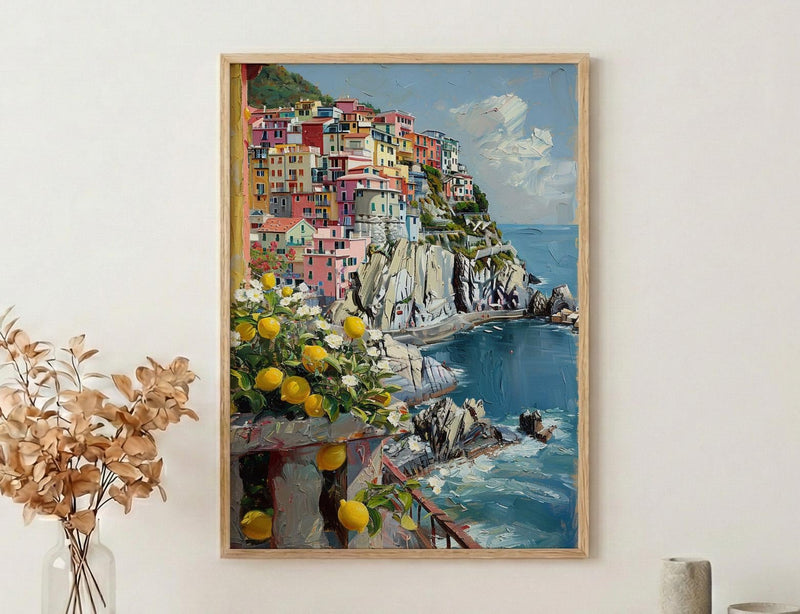 Cinque Terre Art, Italian Riviera Print, Colorful Houses, Impasto Oil Painting, Lemon Decor, Summer Vibe, Coastal