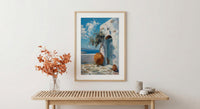Portugal Wall Art, Azulejo Tile Print, Lisbon Decor, Impasto Oil Painting, Blue and White, Pink Rose, Travel Poster