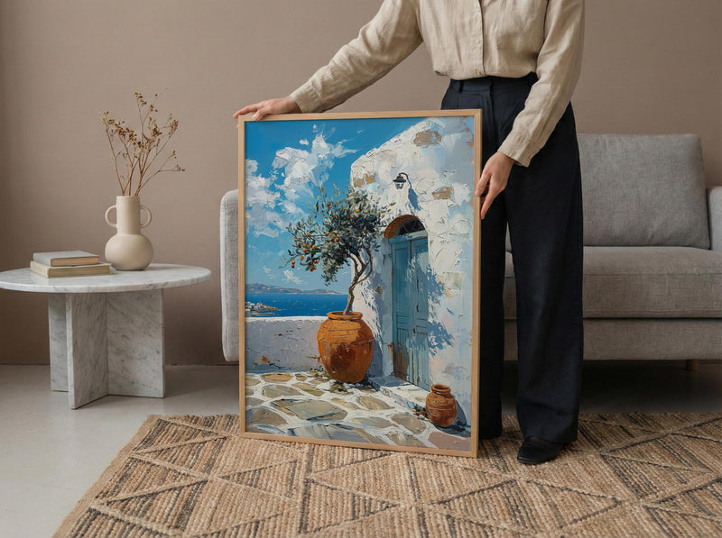 Portugal Wall Art, Azulejo Tile Print, Lisbon Decor, Impasto Oil Painting, Blue and White, Pink Rose, Travel Poster