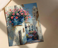 Cordoba Patio Art, Spanish Flower Pot, Pink Petunias, Impasto Oil Painting, Blue Pot, Garden Wall Decor, Summer