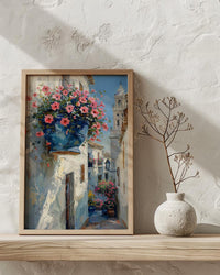 Cordoba Patio Art, Spanish Flower Pot, Pink Petunias, Impasto Oil Painting, Blue Pot, Garden Wall Decor, Summer