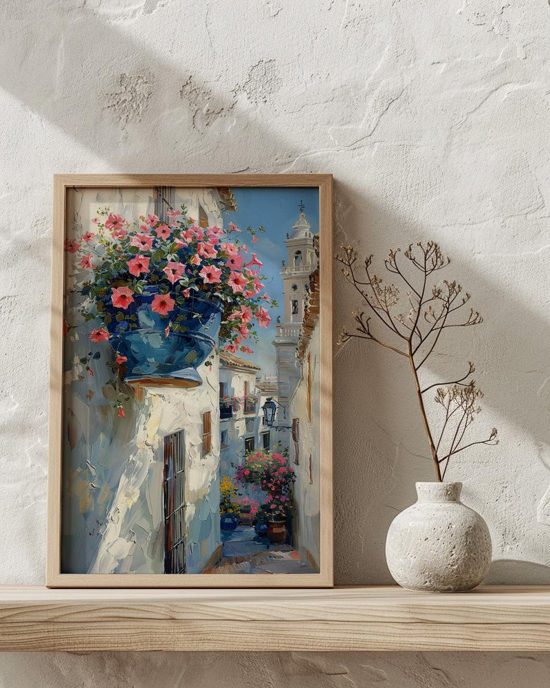 Cordoba Patio Art, Spanish Flower Pot, Pink Petunias, Impasto Oil Painting, Blue Pot, Garden Wall Decor, Summer
