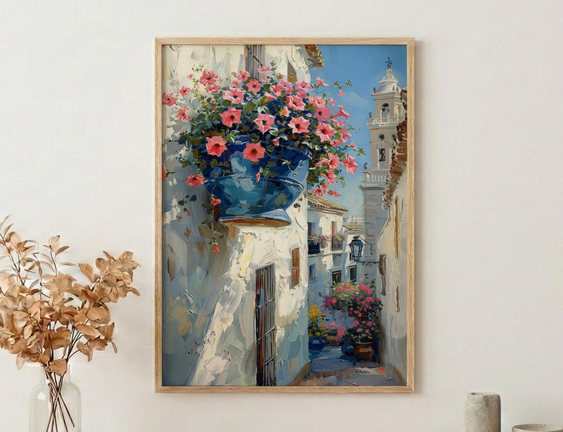 Cordoba Patio Art, Spanish Flower Pot, Pink Petunias, Impasto Oil Painting, Blue Pot, Garden Wall Decor, Summer