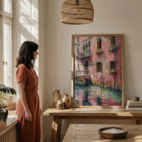 Venice Wall Art, Italy Canal Print, Pink Building, Impasto Oil Painting, Romantic Decor, Water Reflection, Gift