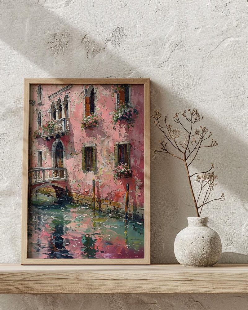 Venice Wall Art, Italy Canal Print, Pink Building, Impasto Oil Painting, Romantic Decor, Water Reflection, Gift