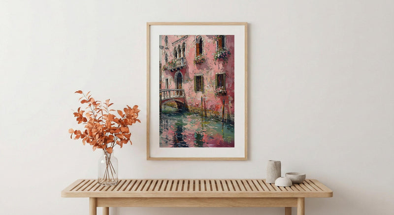 Venice Wall Art, Italy Canal Print, Pink Building, Impasto Oil Painting, Romantic Decor, Water Reflection, Gift