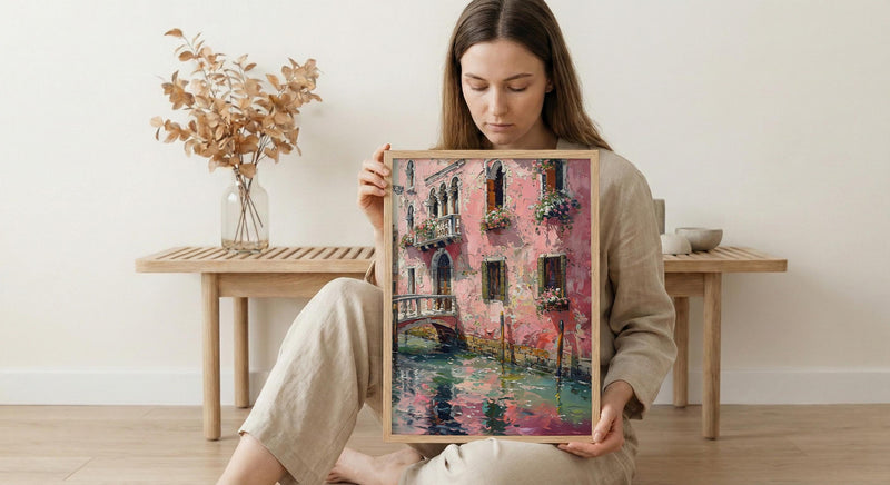 Venice Wall Art, Italy Canal Print, Pink Building, Impasto Oil Painting, Romantic Decor, Water Reflection, Gift