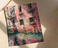 Venice Wall Art, Italy Canal Print, Pink Building, Impasto Oil Painting, Romantic Decor, Water Reflection, Gift