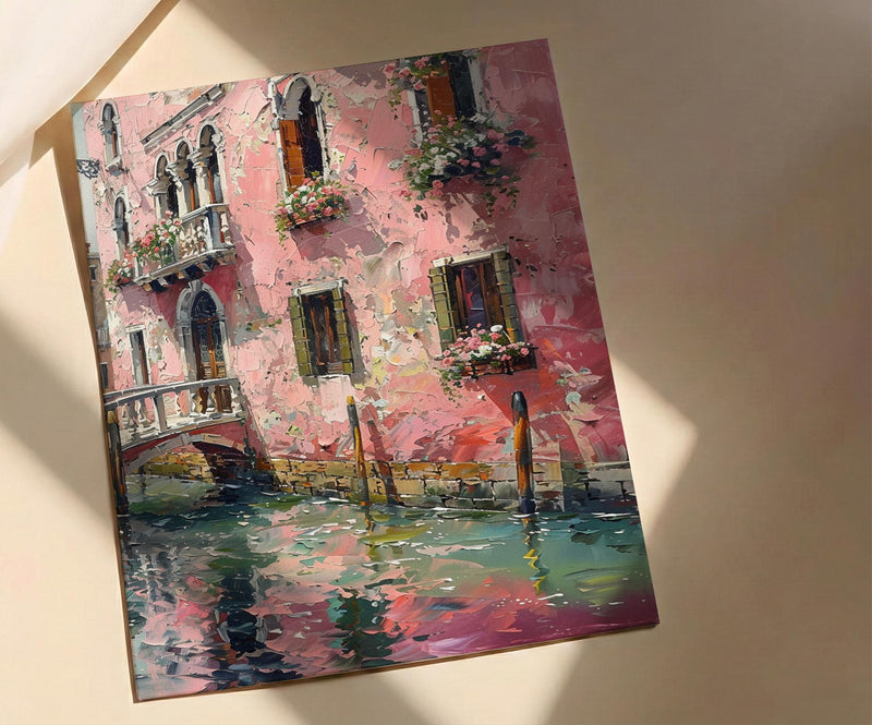 Venice Wall Art, Italy Canal Print, Pink Building, Impasto Oil Painting, Romantic Decor, Water Reflection, Gift