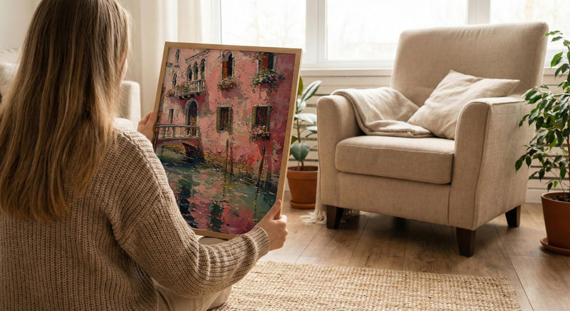 Venice Wall Art, Italy Canal Print, Pink Building, Impasto Oil Painting, Romantic Decor, Water Reflection, Gift