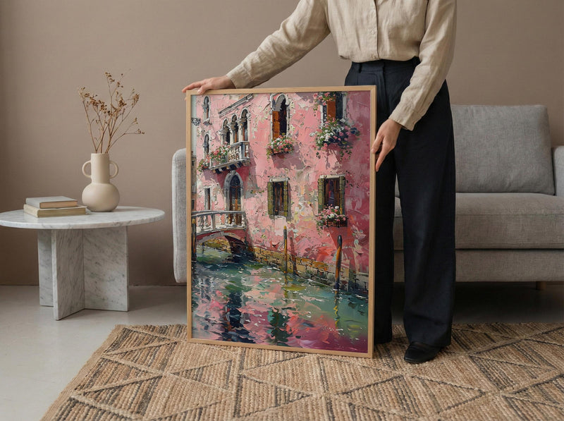 Venice Wall Art, Italy Canal Print, Pink Building, Impasto Oil Painting, Romantic Decor, Water Reflection, Gift