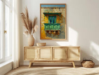 Malta Wall Art, Valletta Print, Traditional Balcony, Impasto Oil Painting, Green and Yellow, Historic Decor