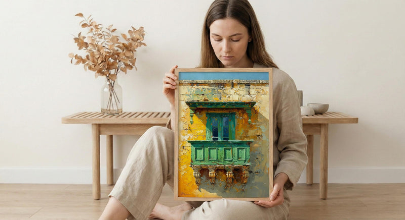 Malta Wall Art, Valletta Print, Traditional Balcony, Impasto Oil Painting, Green and Yellow, Historic Decor