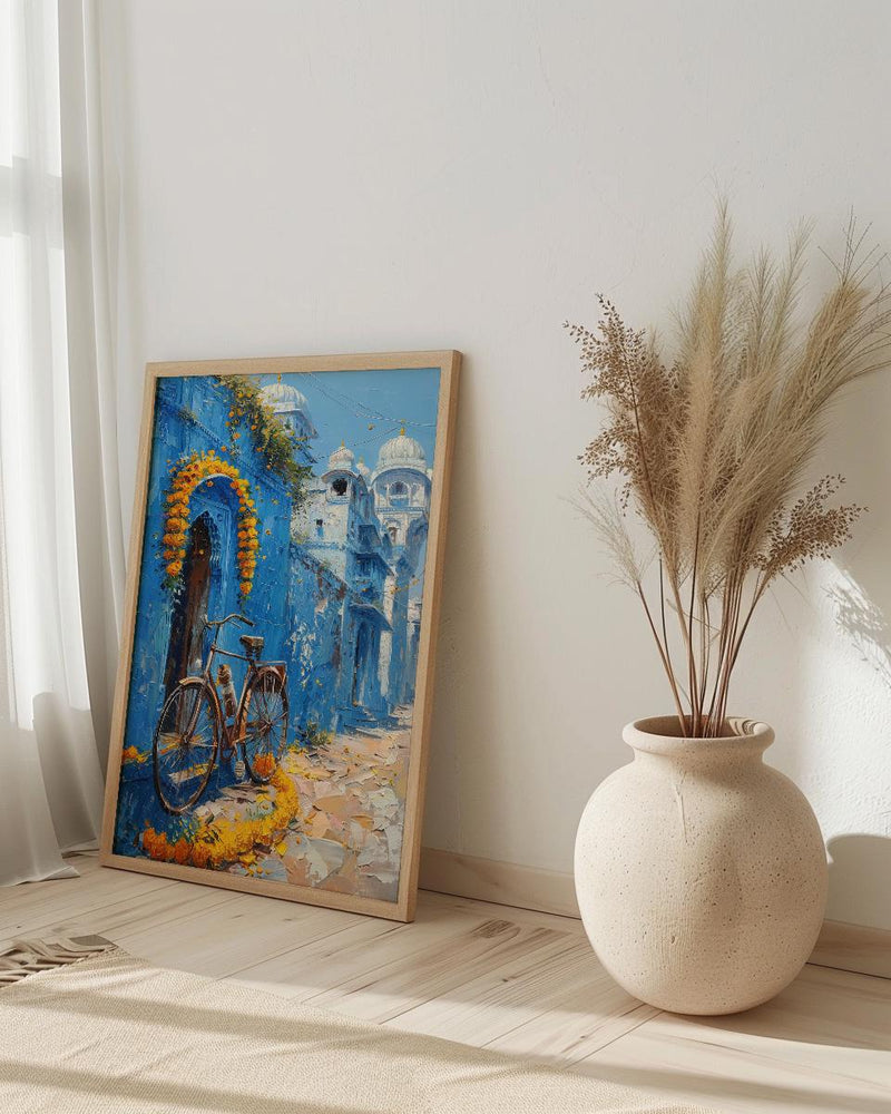 Jodhpur Wall Art, Blue City Print, India Street Decor, Impasto Oil Painting, Vintage Bicycle, Marigold Flower