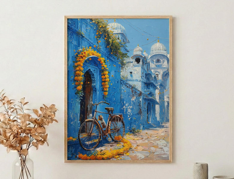 Jodhpur Wall Art, Blue City Print, India Street Decor, Impasto Oil Painting, Vintage Bicycle, Marigold Flower
