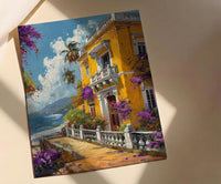Pondicherry Wall Art, French India Print, Yellow Villa, Impasto Oil Painting, Bougainvillea, Colonial Style