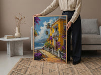 Pondicherry Wall Art, French India Print, Yellow Villa, Impasto Oil Painting, Bougainvillea, Colonial Style