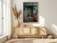 Indian Door Art, Antique Wood Print, Teal Wall Decor, Impasto Oil Painting, Brass Bells, Spiritual Home, Boho