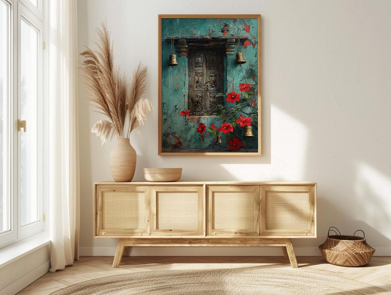 Indian Door Art, Antique Wood Print, Teal Wall Decor, Impasto Oil Painting, Brass Bells, Spiritual Home, Boho