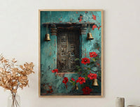 Indian Door Art, Antique Wood Print, Teal Wall Decor, Impasto Oil Painting, Brass Bells, Spiritual Home, Boho