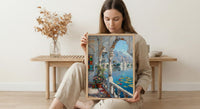 Udaipur Wall Art, Lake Palace Print, Archway Decor, Impasto Oil Painting, Stained Glass, Lotus Flower, Serene
