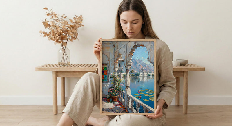 Udaipur Wall Art, Lake Palace Print, Archway Decor, Impasto Oil Painting, Stained Glass, Lotus Flower, Serene
