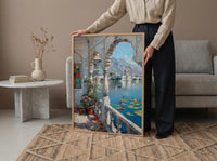 Udaipur Wall Art, Lake Palace Print, Archway Decor, Impasto Oil Painting, Stained Glass, Lotus Flower, Serene