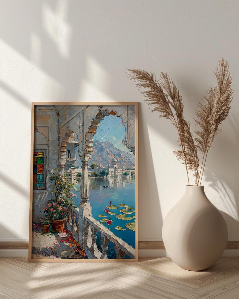 Udaipur Wall Art, Lake Palace Print, Archway Decor, Impasto Oil Painting, Stained Glass, Lotus Flower, Serene