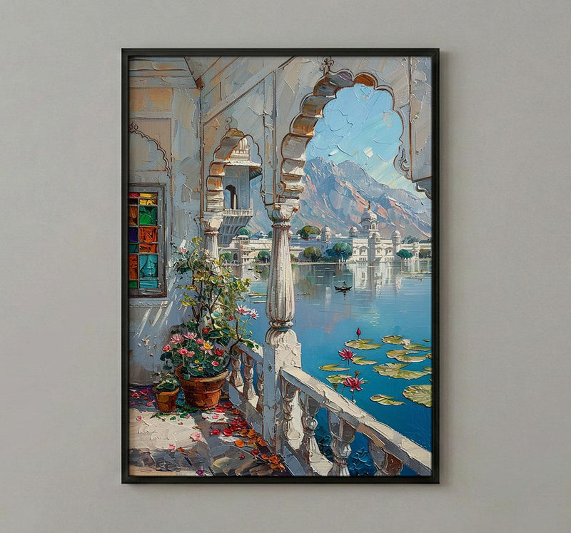 Udaipur Wall Art, Lake Palace Print, Archway Decor, Impasto Oil Painting, Stained Glass, Lotus Flower, Serene