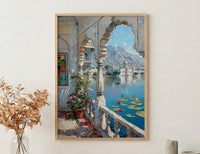 Udaipur Wall Art, Lake Palace Print, Archway Decor, Impasto Oil Painting, Stained Glass, Lotus Flower, Serene