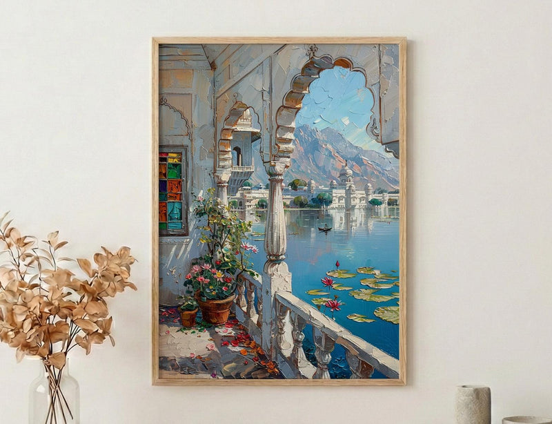 Udaipur Wall Art, Lake Palace Print, Archway Decor, Impasto Oil Painting, Stained Glass, Lotus Flower, Serene