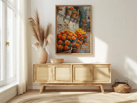 India Market Art, Marigold Flower Print, Orange Wall, Impasto Oil Painting, Floral Basket, Vibrant Colors