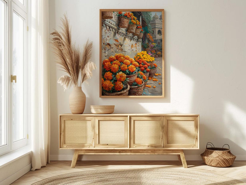 India Market Art, Marigold Flower Print, Orange Wall, Impasto Oil Painting, Floral Basket, Vibrant Colors