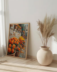 India Market Art, Marigold Flower Print, Orange Wall, Impasto Oil Painting, Floral Basket, Vibrant Colors