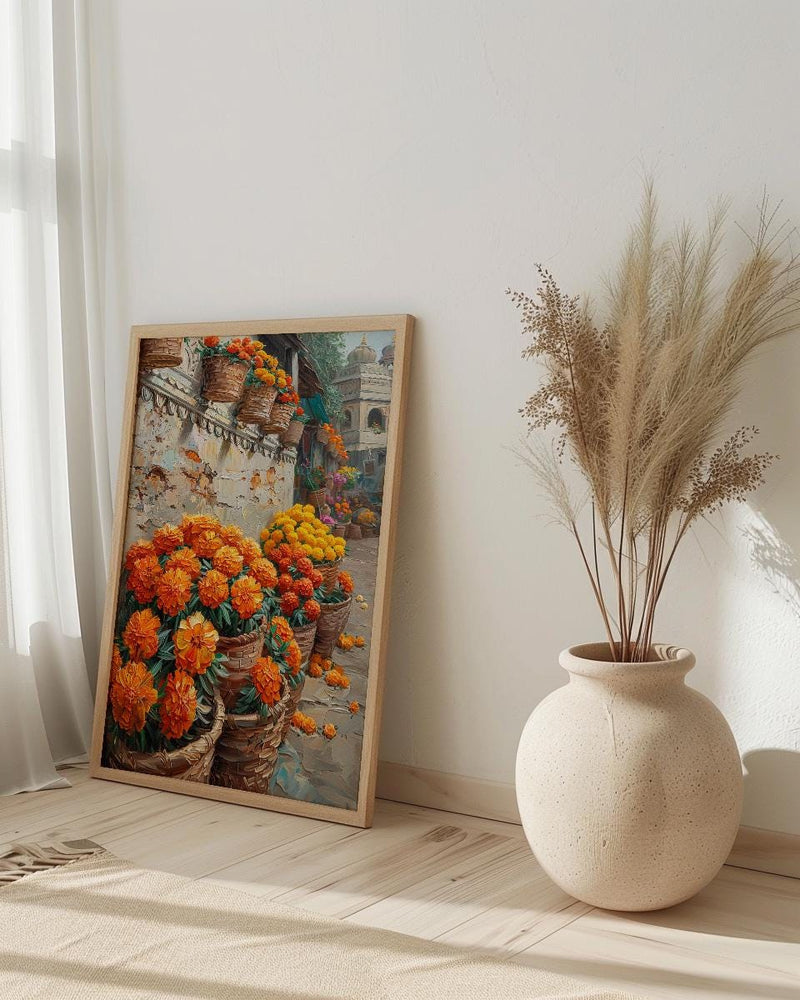 India Market Art, Marigold Flower Print, Orange Wall, Impasto Oil Painting, Floral Basket, Vibrant Colors