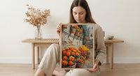 India Market Art, Marigold Flower Print, Orange Wall, Impasto Oil Painting, Floral Basket, Vibrant Colors