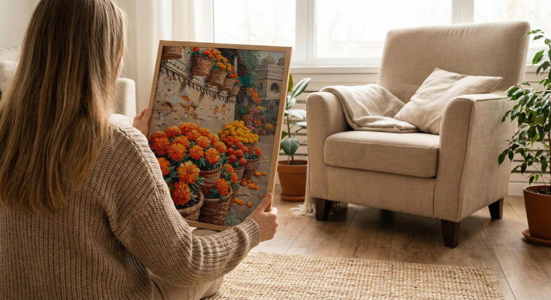 India Market Art, Marigold Flower Print, Orange Wall, Impasto Oil Painting, Floral Basket, Vibrant Colors